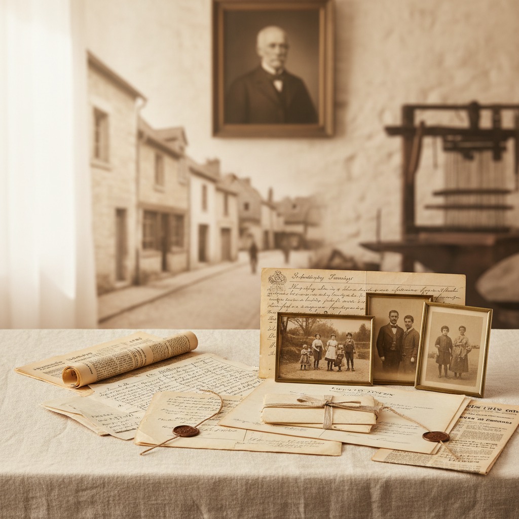 Des documents anciens, des lettres manuscrites et des photos de famille sépia sont disposés sur une table devant un mur décoré d'un paysage de village d'époque.