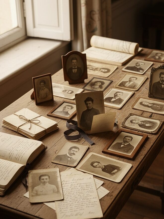Une table en bois couverte de vieux portraits sépia encadrés, de lettres manuscrites et de carnets ouverts près d'une fenêtre.