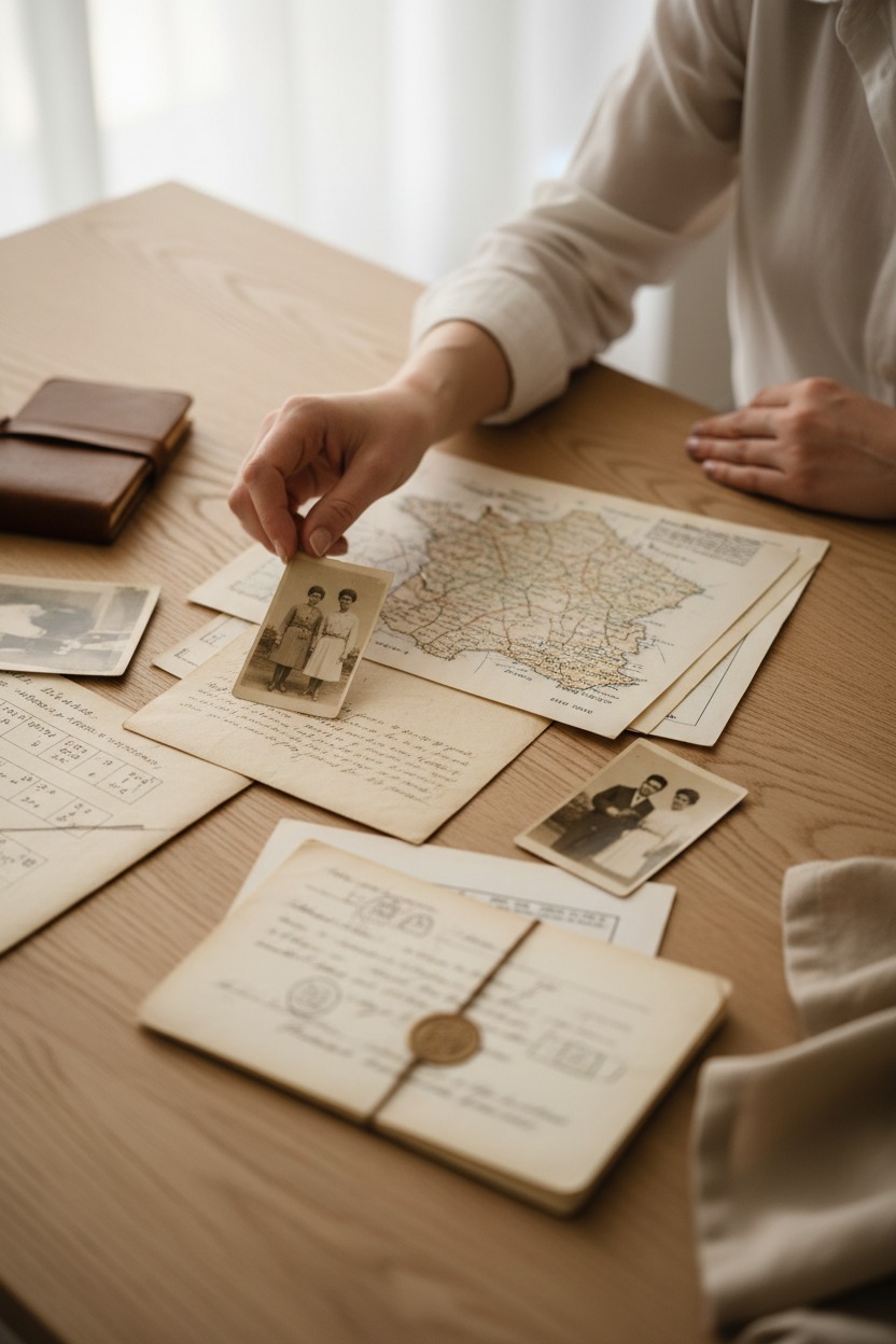 Une personne tient une vieille photographie en noir et blanc au-dessus d'une table en bois recouverte de cartes anciennes et de lettres.